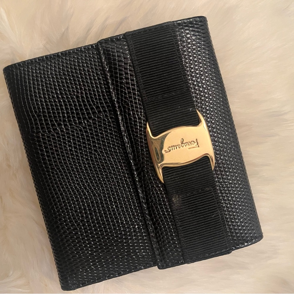 Ferragamo Vara Lizard Embossed Kisslock Trifold Wallet
